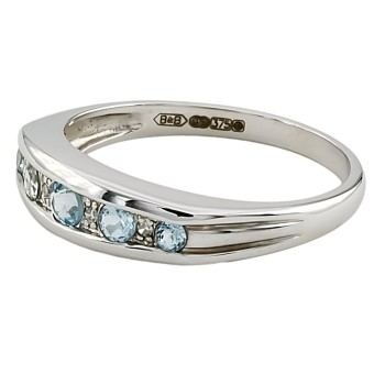 9ct white gold Aquamarine / Diamond half eternity Ring size R